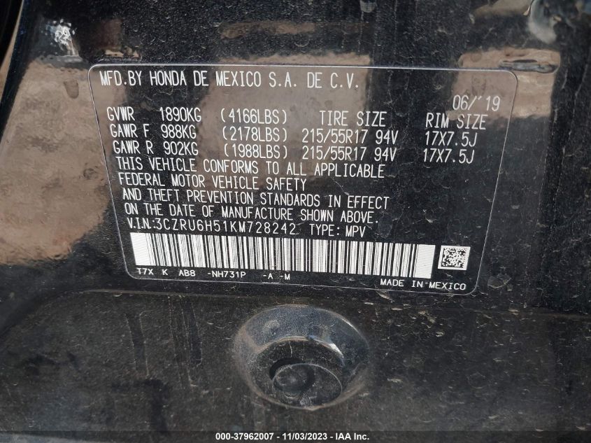 2019 HONDA HR-V EX - 3CZRU6H51KM728242