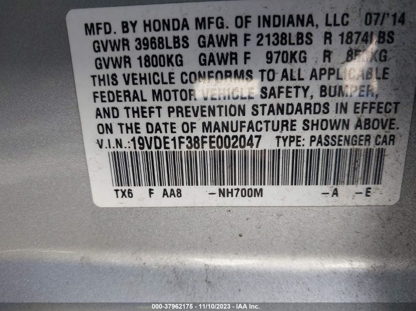2015 ACURA ILX 2.0L - 19VDE1F38FE002047