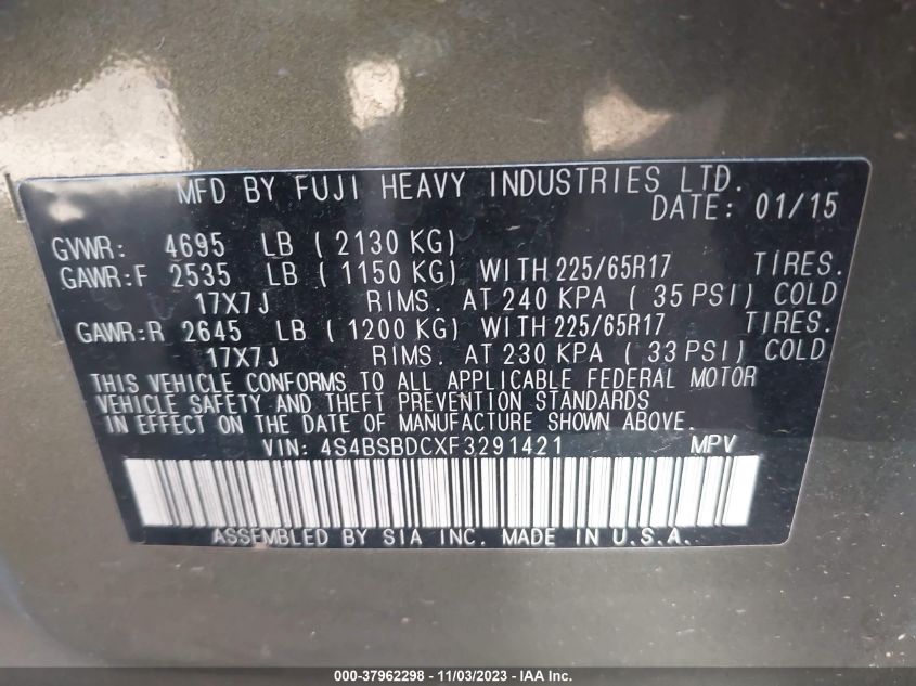 2015 SUBARU OUTBACK 2.5I PREMIUM - 4S4BSBDCXF3291421