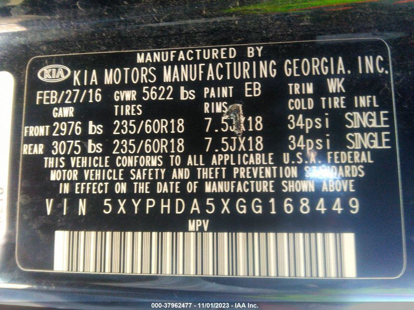 2016 KIA SORENTO 3.3L EX - 5XYPHDA5XGG168449