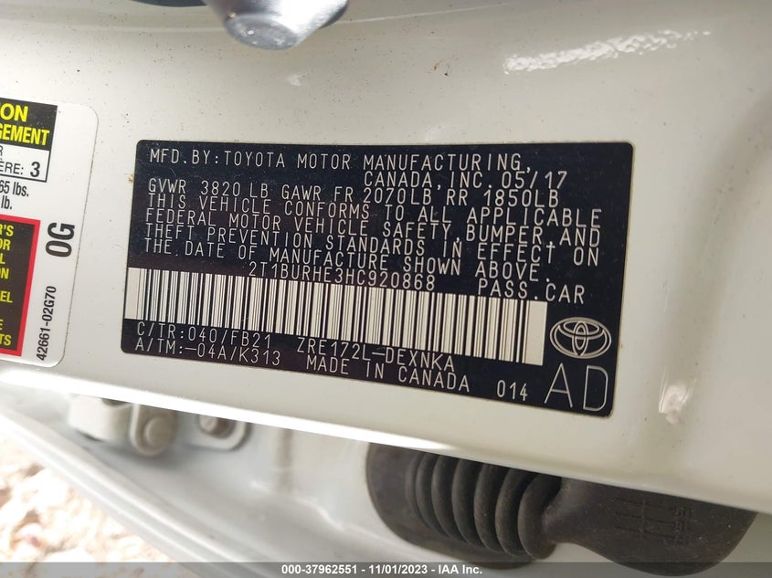 VIN 2T1BURHE3HC920868 2017 TOYOTA COROLLA LE
