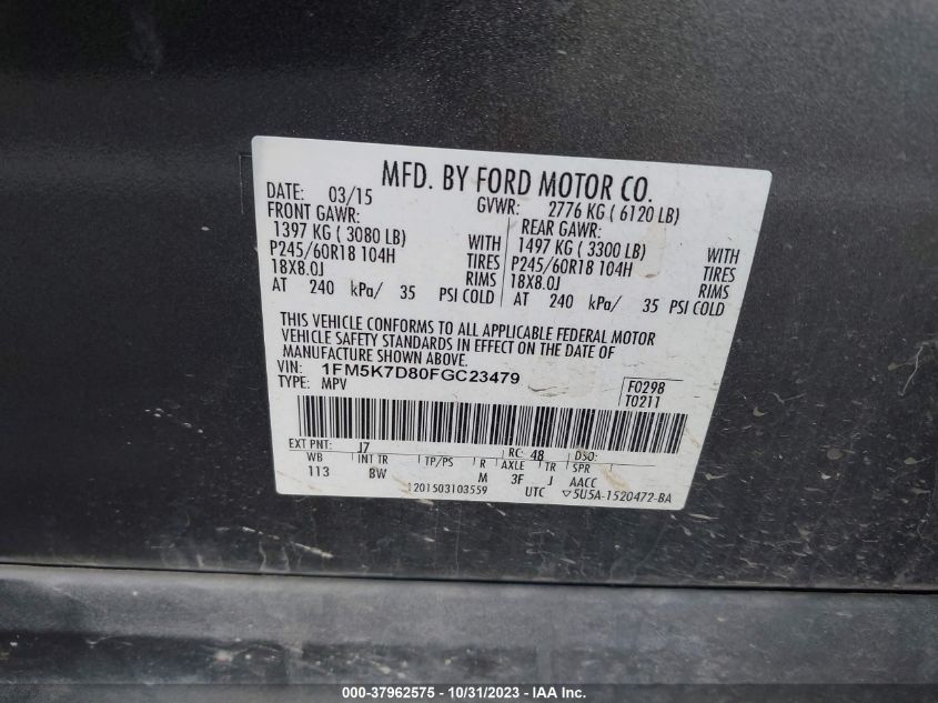 2015 FORD EXPLORER XLT - 1FM5K7D80FGC23479