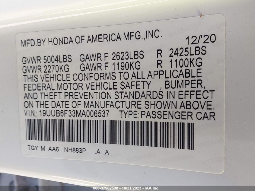 2021 ACURA TLX STANDARD - 19UUB6F33MA006537