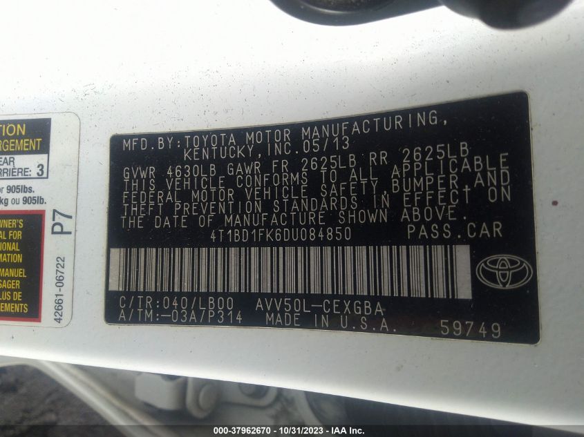 2013 TOYOTA CAMRY HYBRID XLE - 4T1BD1FK6DU084850