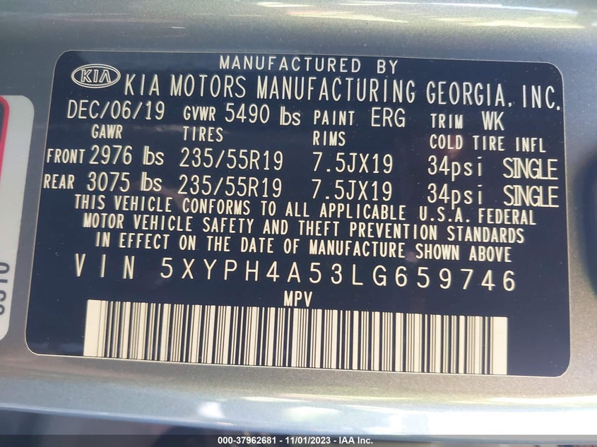 VIN 5XYPH4A53LG659746 2020 KIA SORENTO 3.3L EX