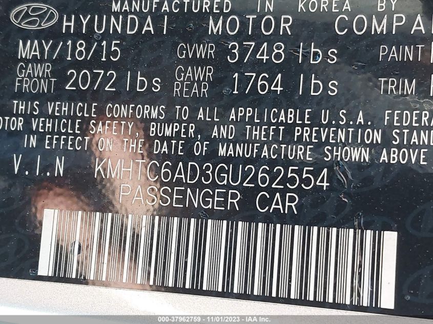 2016 HYUNDAI VELOSTER - KMHTC6AD3GU262554