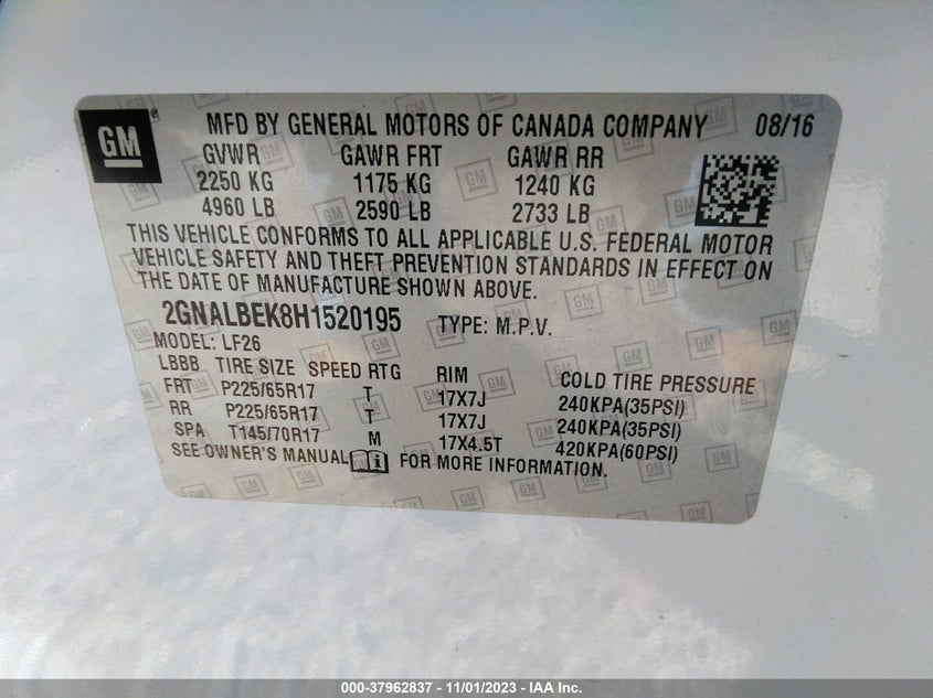 VIN 2GNALBEK8H1520195 2017 CHEVROLET EQUINOX LS