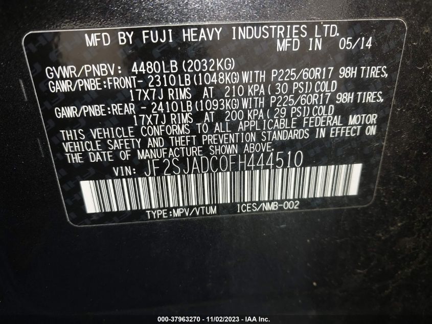 2015 SUBARU FORESTER 2.5I PREMIUM - JF2SJADC0FH444510
