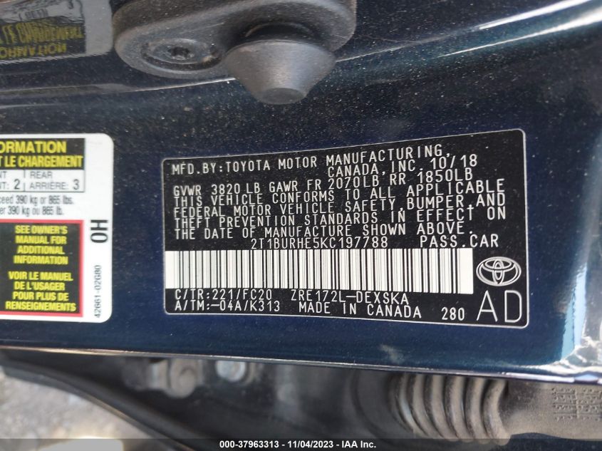 2019 TOYOTA COROLLA L/LE/XLE/SE/XSE - 2T1BURHE5KC197788