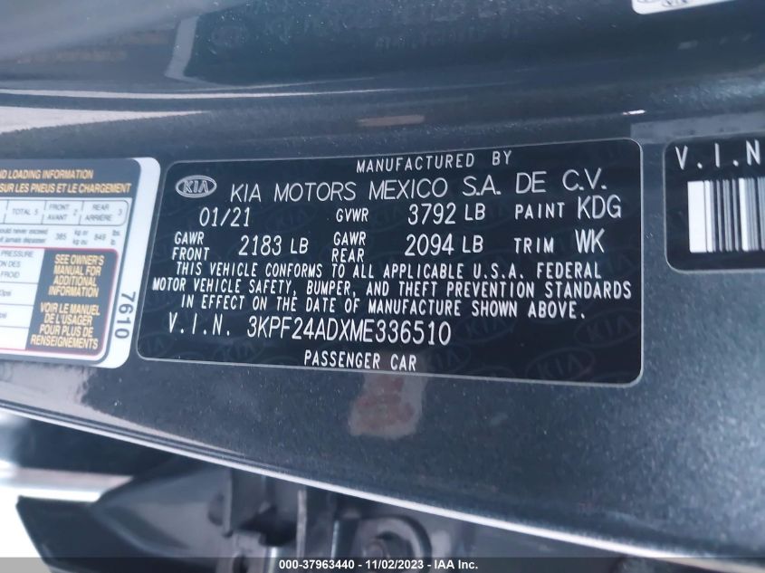 2021 KIA FORTE LXS - 3KPF24ADXME336510
