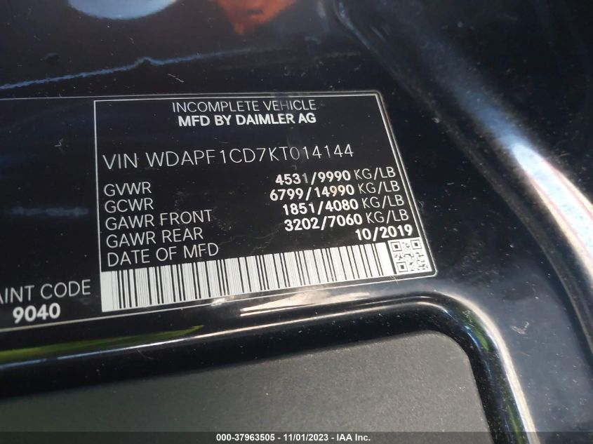 2019 MERCEDES-BENZ SPRINTER 3500XD HIGH ROOF V6 WDAPF1CD7KT014144