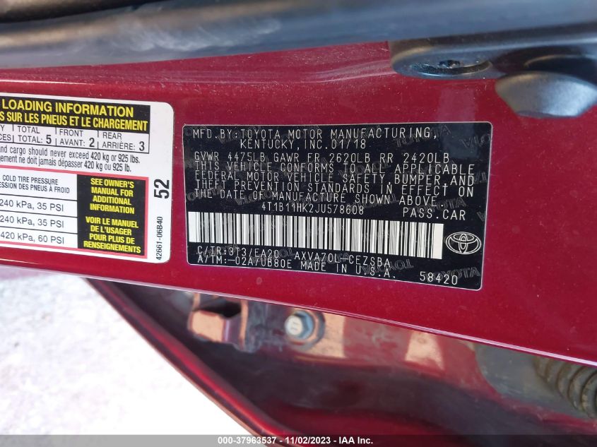 2018 TOYOTA CAMRY L/LE/XLE/SE/XSE - 4T1B11HK2JU578608