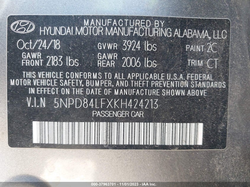 VIN 5NPD84LFXKH424213 2019 HYUNDAI ELANTRA SEL