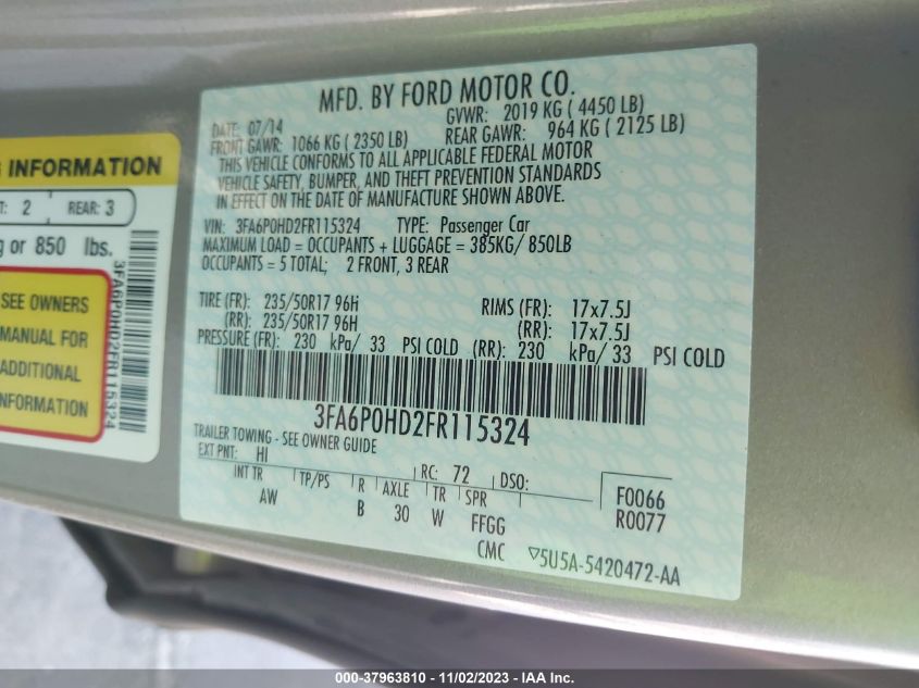 2015 FORD FUSION SE - 3FA6P0HD2FR115324