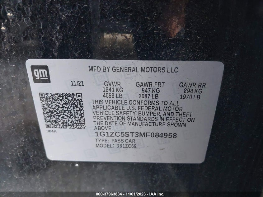 VIN 1G1ZC5ST3MF084958 2021 CHEVROLET MALIBU LS