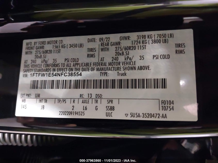 VIN 1FTFW1E54NFC38554 2022 FORD F-150 XL
