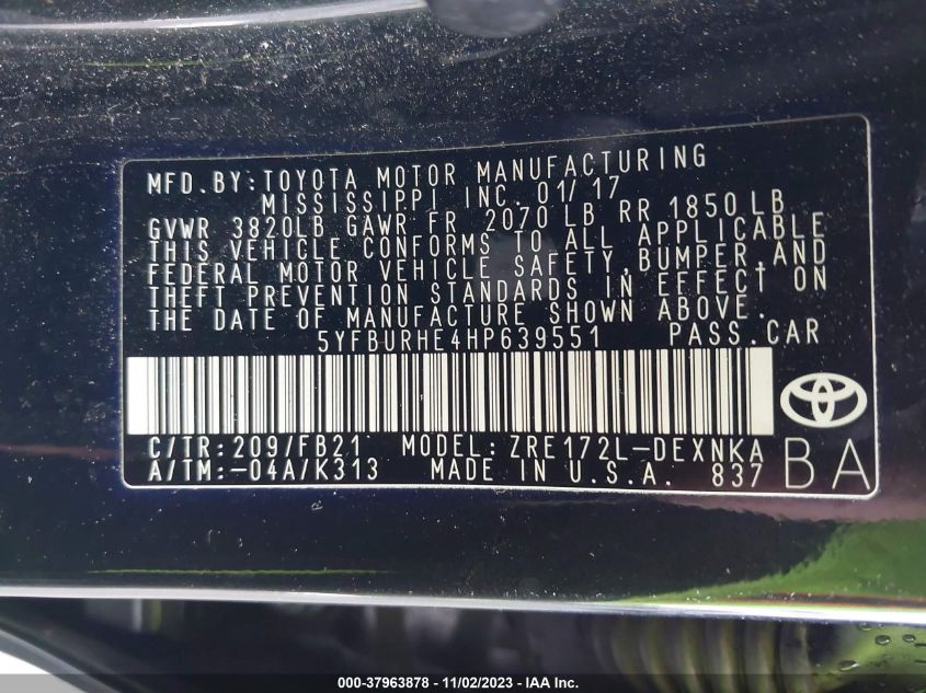 2017 TOYOTA COROLLA L/LE/XLE/SE - 5YFBURHE4HP639551