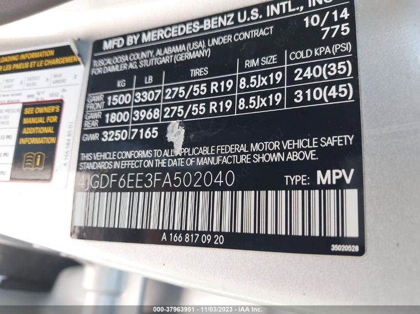 2015 MERCEDES-BENZ GL 450 4MATIC 4JGDF6EE3FA502040