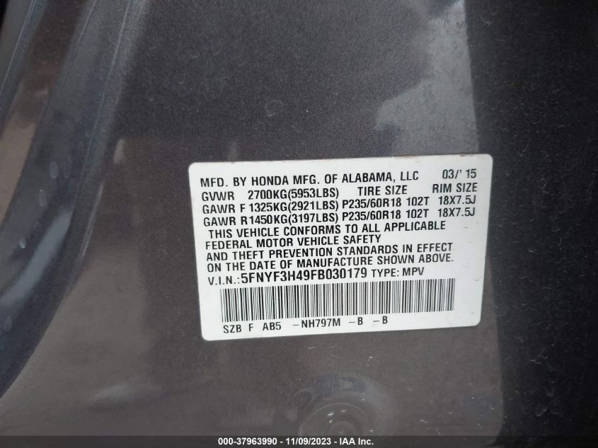 2015 HONDA PILOT EX - 5FNYF3H49FB030179