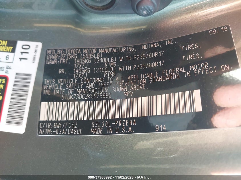 VIN 5TDKZ3DC2KS975992 2019 TOYOTA SIENNA LE