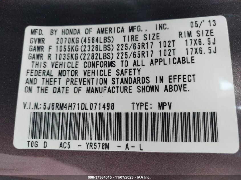 2013 HONDA CR-V EX-L - 5J6RM4H71DL071498