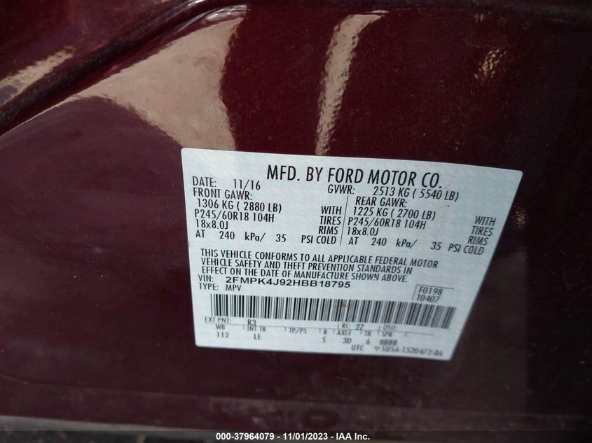 VIN 2FMPK4J92HBB18795 2017 FORD EDGE SEL