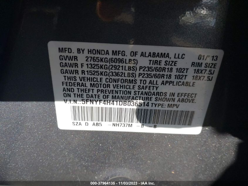 2013 HONDA PILOT EX - 5FNYF4H41DB036514