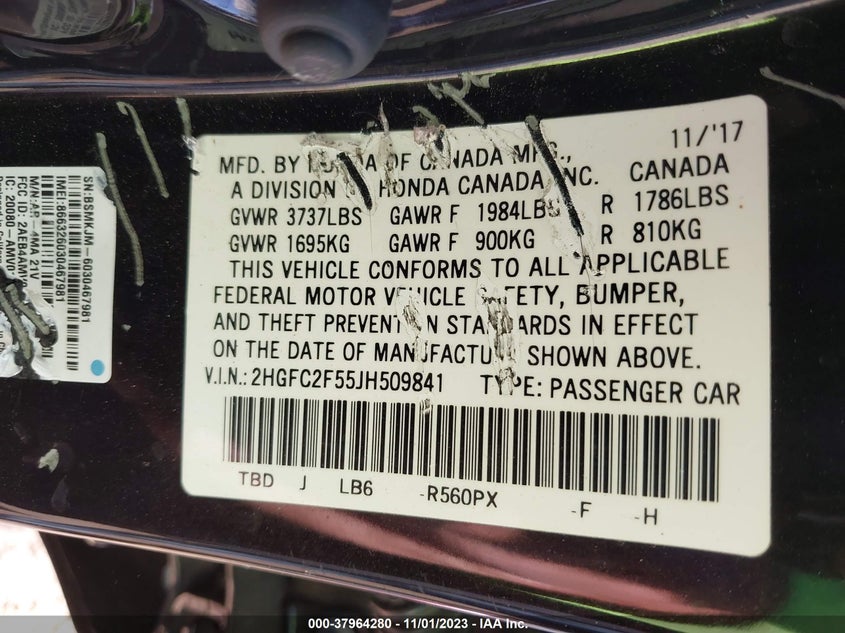 VIN 2HGFC2F55JH509841 2018 HONDA CIVIC LX