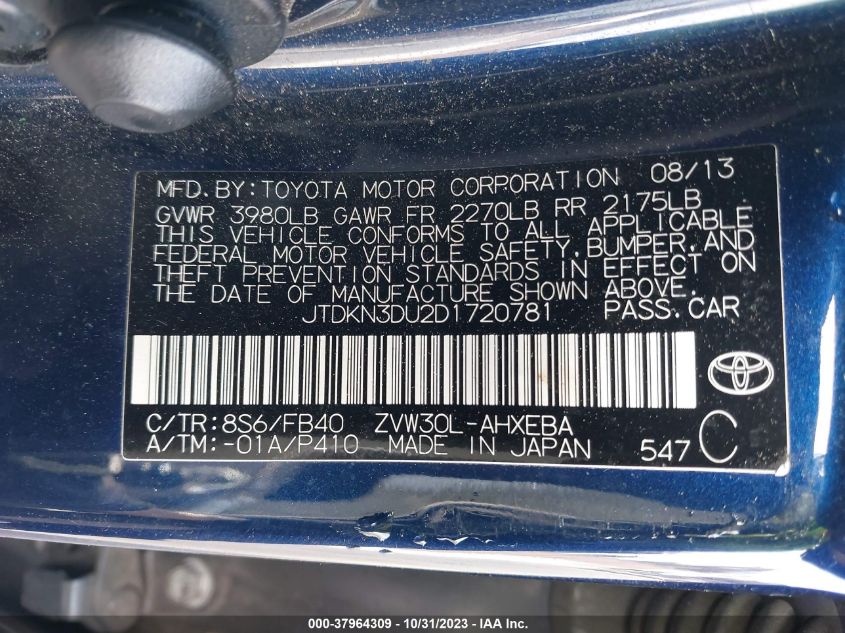 2013 TOYOTA PRIUS ONE/TWO/THREE/FOUR/FIVE - JTDKN3DU2D1720781