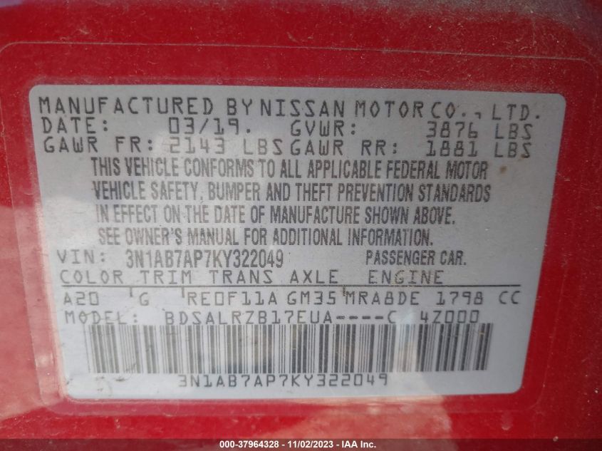 2019 NISSAN SENTRA SR - 3N1AB7AP7KY322049