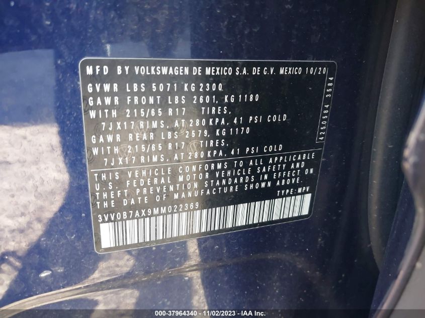 2021 VOLKSWAGEN TIGUAN S - 3VV0B7AX9MM022369