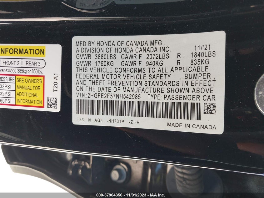 VIN 2HGFE2F57NH542985 2022 HONDA CIVIC SPORT