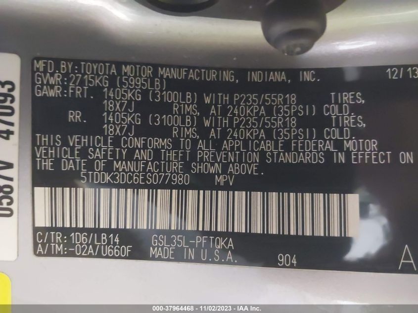 2014 TOYOTA SIENNA XLE/LIMITED - 5TDDK3DC6ES077980