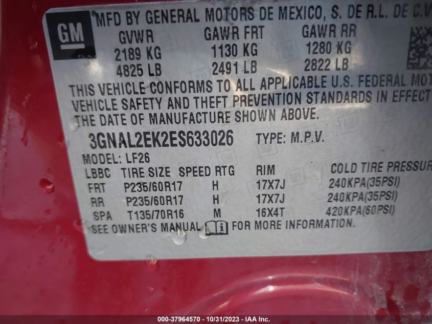 2014 CHEVROLET CAPTIVA SPORT 2LS - 3GNAL2EK2ES633026