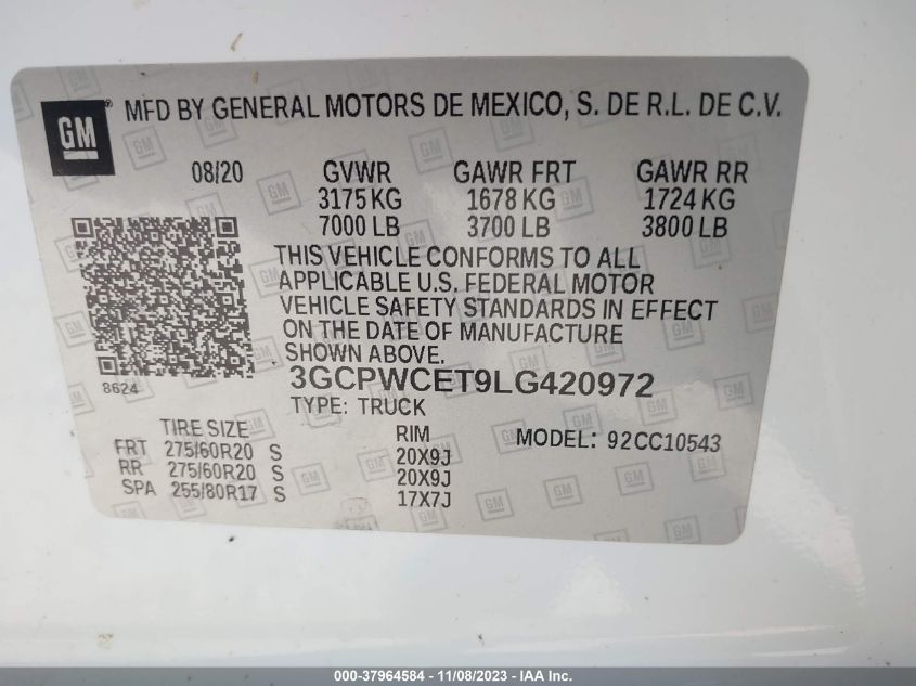2020 CHEVROLET SILVERADO 1500 LT - 3GCPWCET9LG420972