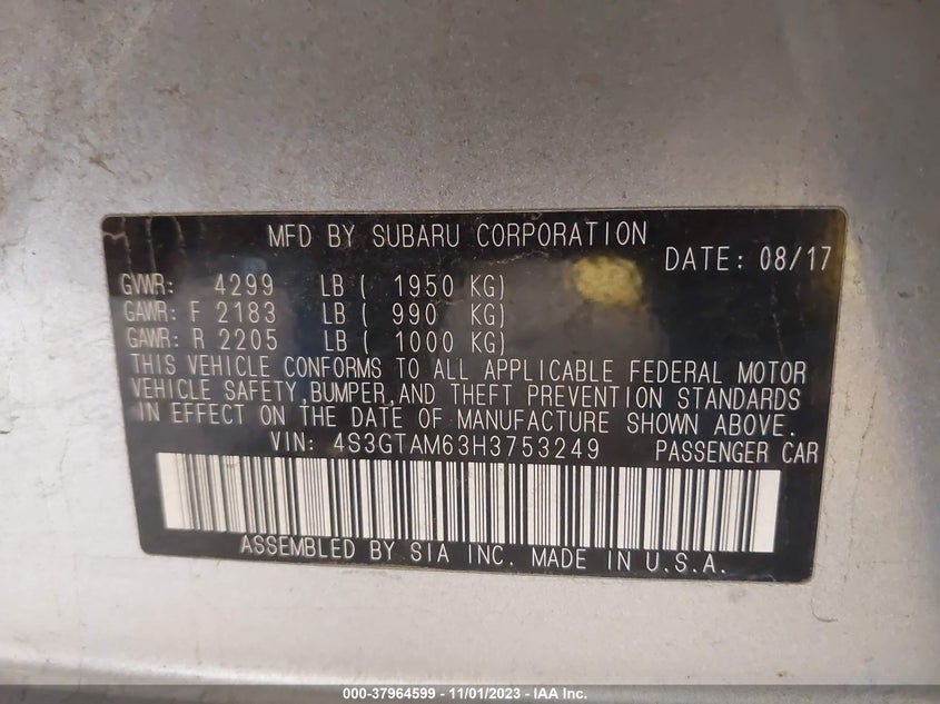 VIN 4S3GTAM63H3753249 2017 SUBARU IMPREZA 2.0I SPORT