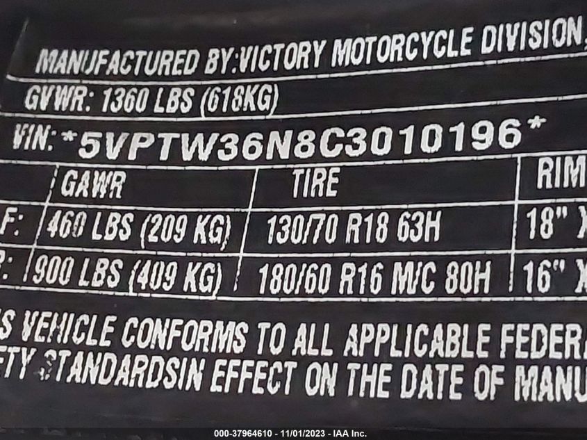2012 VICTORY MOTORCYCLES CROSS COUNTRY TOUR - 5VPTW36N8C3010196