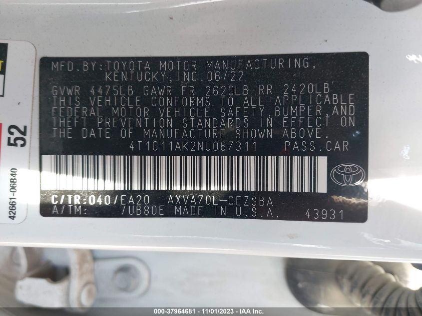 2022 TOYOTA CAMRY SE - 4T1G11AK2NU067311