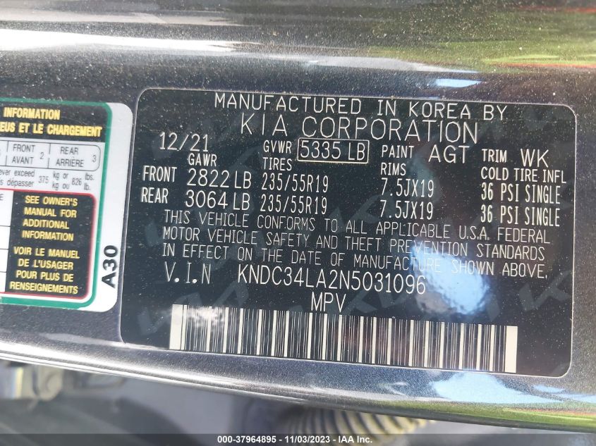 2022 KIA EV6 LIGHT/WIND/GT LINE - KNDC34LA2N5031096