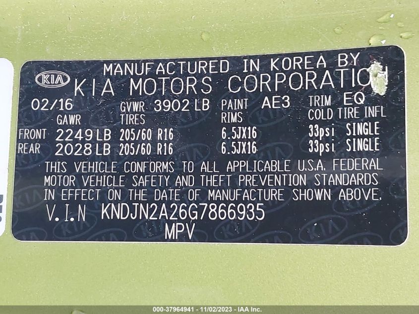 2016 KIA SOUL BASE - KNDJN2A26G7866935