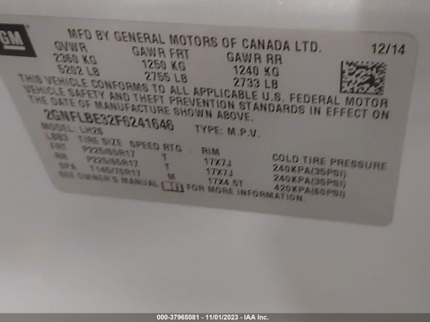 2015 CHEVROLET EQUINOX LT - 2GNFLBE32F6241646