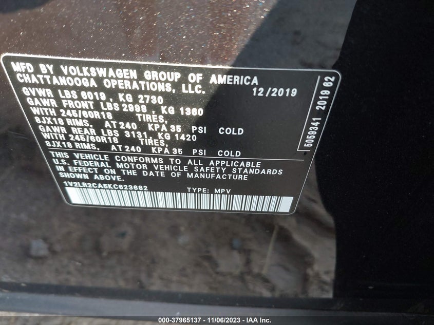 VIN 1V2LR2CA5KC623682 2019 VOLKSWAGEN ATLAS 3.6L V6 SE