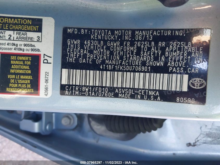 2013 TOYOTA CAMRY LE - 4T1BF1FK5DU706901