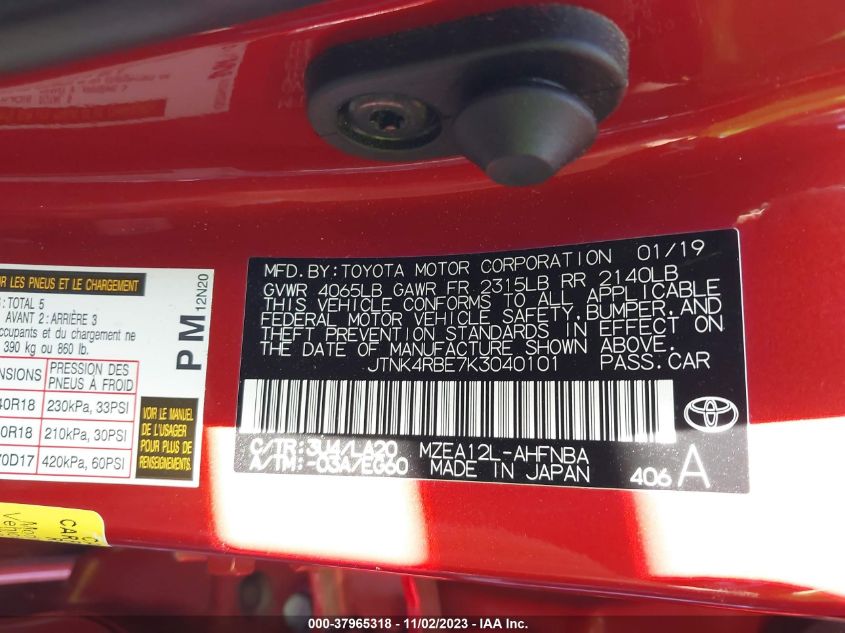 2019 TOYOTA COROLLA HATCHBACK SE/XSE JTNK4RBE7K3040101