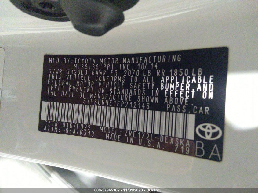 2015 TOYOTA COROLLA L/LE/LE PLS/PRM/S/S PLS - 5YFBURHE1FP212146