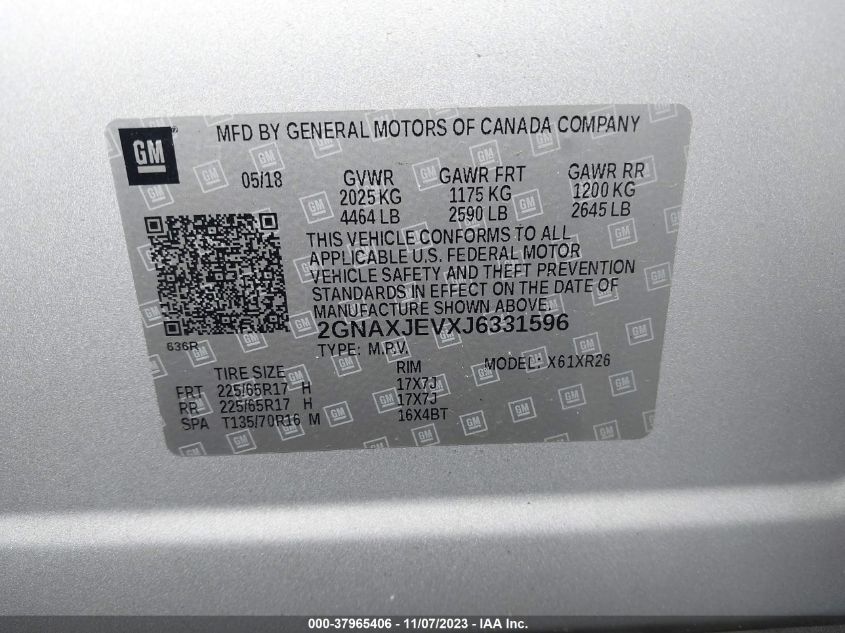 2018 CHEVROLET EQUINOX LT - 2GNAXJEVXJ6331596