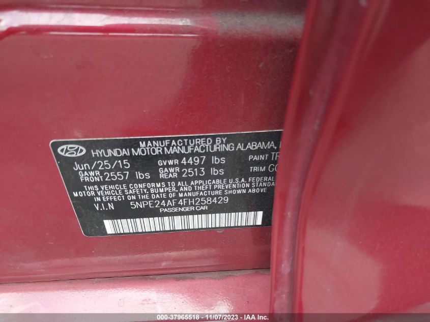 2015 HYUNDAI SONATA 2.4L SE - 5NPE24AF4FH258429