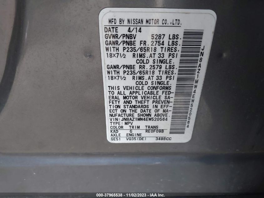 2014 NISSAN MURANO SL - JN8AZ1MW4EW520564