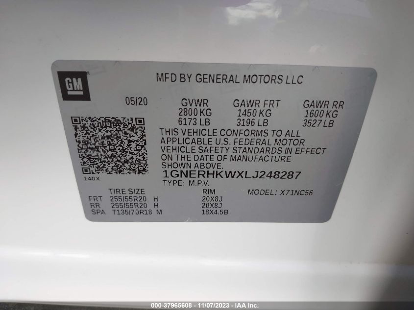 2020 CHEVROLET TRAVERSE LT - 1GNERHKWXLJ248287