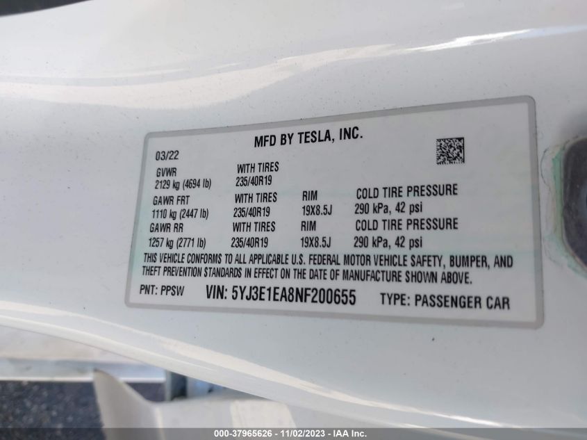 2022 TESLA MODEL 3 REAR-WHEEL DRIVE - 5YJ3E1EA8NF200655